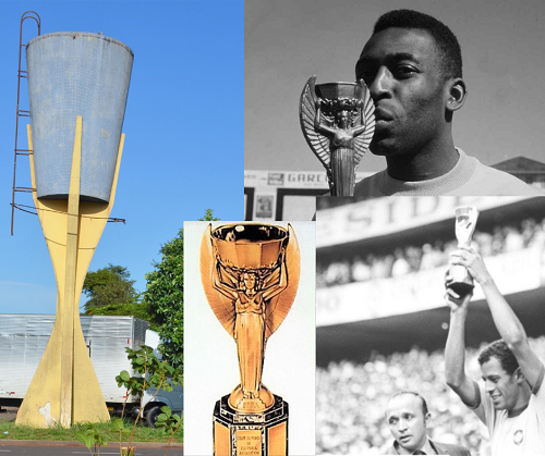 Escultura em Cianorte em comemoração da copa do mundo. E imagem de Pelé beijando a Taça Jules Rimet conquistada em 1970.